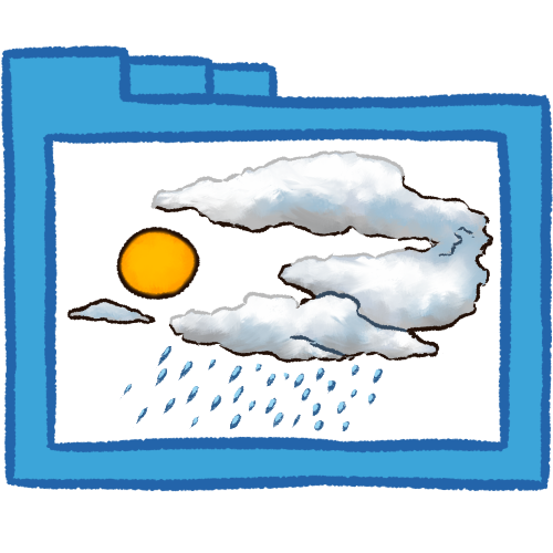 A hollow blue folder with thick lineart. Inside of it are several white, gray, and blue clouds and a yellow-orange sun. There is rain underneath the clouds done in white and dark blue.